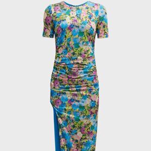 Black Halo Delina Ruched Floral-Print Sheath Midi Dress Size 4